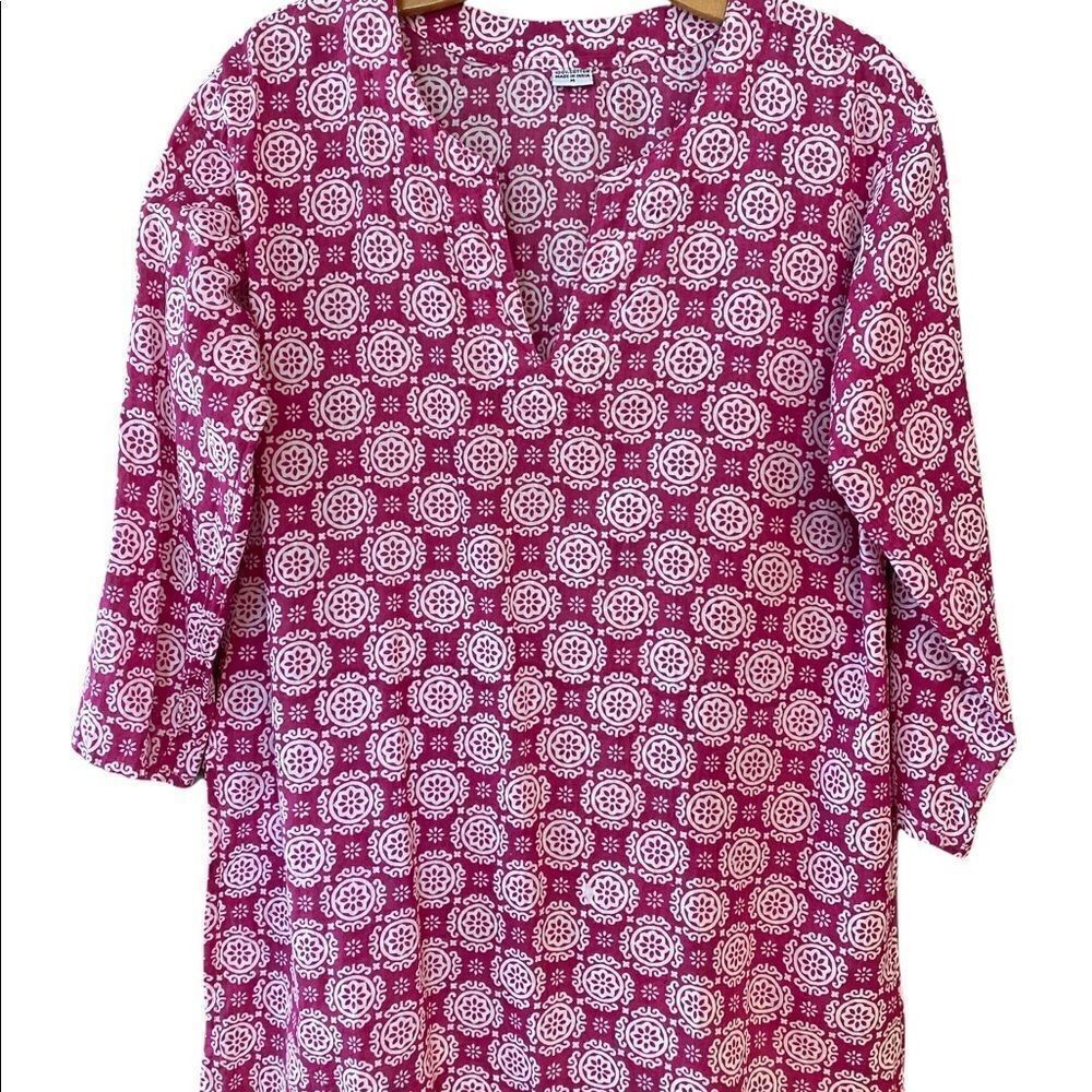 Pink SwimSuit Cover 100% Cotton V-Neck Indian Design 3/4 Sleeves Lightweight